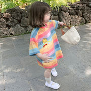 2023夏季童装韩版女童条纹彩虹中长款短袖t恤儿童连衣裙