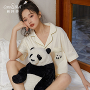 萌趣大熊猫春夏甜美可爱刺绣，睡衣女西装领短袖纯棉家居服套装
