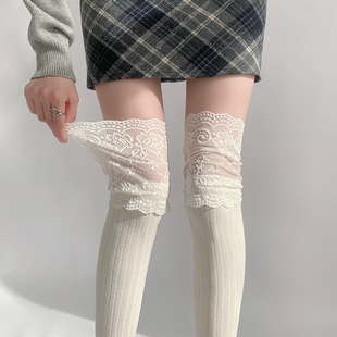 夜间教习室长筒袜女秋冬过膝蕾丝袜高筒拼接洛丽塔袜子白色堆堆袜