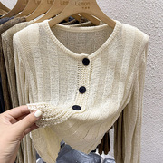 2023镂空针织开衫女设计感小众，秋季圆领修身长袖毛衣短款外套上衣