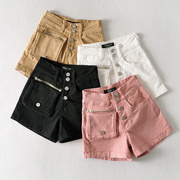 欧美女装夏季可拆卸高腰糖果，色弹力牛仔短裤，紧身显瘦包臀热裤