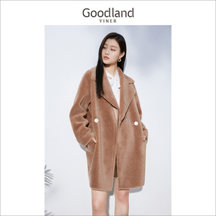 Goodland美地女装冬季中长款羊剪毛绒纯绵羊毛呢子大衣外套