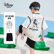 迪士尼儿童运动两件套男女童2023年夏季休闲趣味卡通印花短袖套装