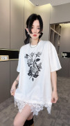 RR fashion 短袖T恤裙女2024夏季刺绣花朵蕾丝边圆领连衣裙