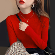 秋冬2024修身内搭半高领，打底衫女薄款洋气，红色毛衣羊绒针织衫