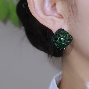 绿色满钻水晶耳环女韩国气质复古耳饰高级感精致时尚耳钉银针