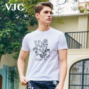VJC/威杰思2024年男装男士白色短袖T恤玫瑰花烫钻休闲上衣
