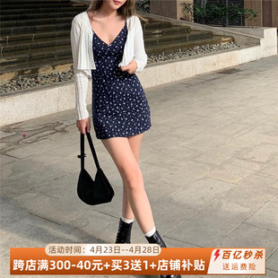 aomr欧美v领细肩带碎花，吊带裙少女风内搭无袖露背a字连衣裙夏季潮