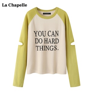 拉夏贝尔/La Chapelle字母印花拼色长袖T恤女夏宽松打底针织上衣