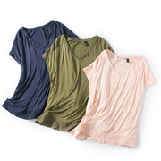E47-4夏季女弹力针织雪纺拼接V领宽松大码垂感清凉半袖T恤衫