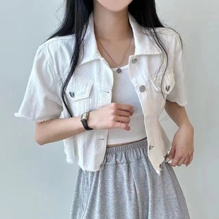 韩国chic夏季港味复古毛边短款牛仔衬衫女小个子短袖开衫外套上衣