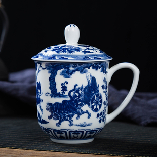 景德镇青花瓷复古风茶杯家用陶瓷杯带盖办公室水杯个人泡茶杯子