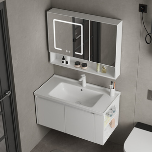 高档智能304不锈钢浴室柜组合白色，简约卫生间洗手洗脸面盆镜柜洗