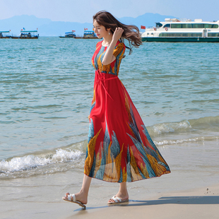 雪纺连衣裙2023女装长裙，超仙民族风，气质显瘦海边度假沙滩裙