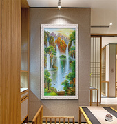 手绘聚宝盆客厅装饰画玄关过道走廊挂画现代简约山水风景油画竖幅