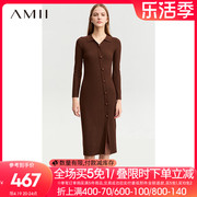 Amii新中式连衣裙女2024春季修身显瘦针织裙斜门襟羊毛衬衫裙