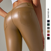 外贸欧美亚马逊口袋PU皮裤收腹紧身塑身高腰瑜伽裤塑性提臀九分裤