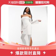 香港直邮潮奢 ASOS 女士设计织纹蕾丝露肩米白色长款连衣裙