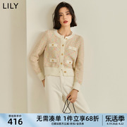 LILY2024春女装气质商务通勤复古小香风粉色修身短款针织开衫