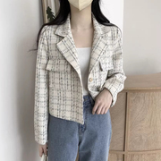 韩国chic秋季法式气质西装领格纹撞色宽松百搭粗纺，小香风短外套女