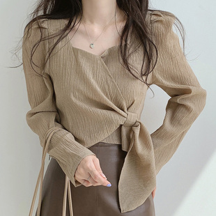 韩国chic秋季复古显瘦方领不规则，系带不规则设计宽松长袖衬衫上衣