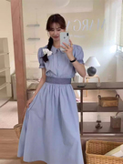 韩国chic夏季温柔减龄娃娃领百搭短袖衬衫+木耳边高腰半身裙套装