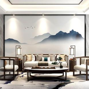 新中式水墨山水壁纸客厅，电视背景墙壁画8d茶室，书房墙布影视墙壁布