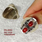款式3尼泊尔925纯银复古指环，镶红宝石手工民族风戒指2粒珊瑚