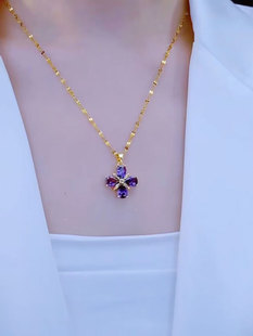 紫水晶锆石四叶花吊坠项链，女轻奢高级感时尚，气质小众不褪色锁骨链