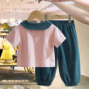 女童粉红兔子短袖，t恤套装夏季宝宝，翻领上衣七分裤两件套休闲夏装