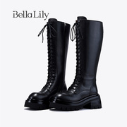 bellalily2024春季增高牛皮，高筒靴女系带欧美骑士靴时尚长靴
