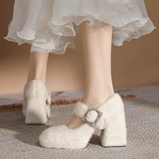 白色玛丽珍毛毛鞋冬季外穿加绒小个子，超高跟鞋粗跟仙女鞋温柔单鞋