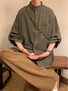 军绿色短袖衬衫男夏季日系cityboy纯棉七分袖衬衣宽松大码薄外套