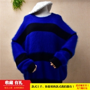 韩版秋冬中长款ins长毛貂绒拼色条纹圆领宽松蝙蝠袖套头毛衣b609