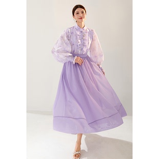 美妃半身裙子夏季a字裙女装2024紫色欧根纱长款高级梨形法式