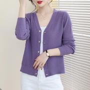 紫色短款开衫女薄款针织衫，2023秋季宽松长袖，高级时尚毛衣外套