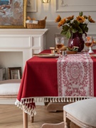 婚品中式红色结婚布置装饰涤棉提花复古花流苏桌布茶几餐桌布盖巾
