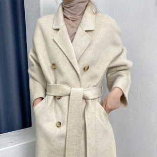 HTBT定制冬季温柔感兔毛大衣女宽松长款气质加厚系带毛呢外套