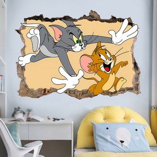 猫和老鼠卡通幼儿园墙纸自粘3d创意墙贴儿童，房间卧室墙上装饰贴墙