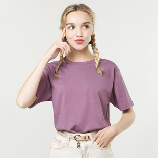 夏季香芋紫色短袖t恤女装宽松纯色净版纯棉韩版圆领基础款上衣服