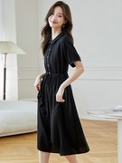 黑色法式衬衫短袖裙子女夏2024赫本风收腰显瘦气质雪纺连衣裙