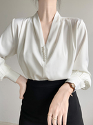 大码法式高级感v领白色衬衫，女胖mm灯笼袖设计感通勤职业长袖上衣