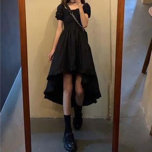 小众a字裙前短后长裙子，黑色连衣裙女夏季法式复古显瘦气质小黑裙
