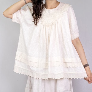 米色衬衫女设计感小众韩版宽松中长款甜美重工刺绣蓬蓬娃娃领上衣