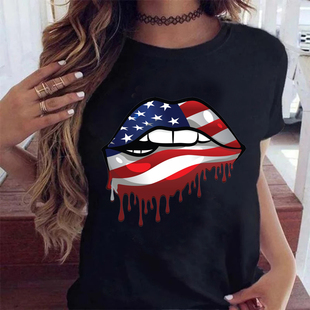 Stars Stripes Lip Print Black T-shirt 个性夏季条纹嘴唇T恤