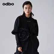 odbo/欧迪比欧原创设计感时尚刺绣黑色一粒扣短外套女2023年