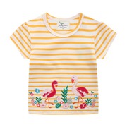 夏女童黄色条纹短袖圆领T恤欧美风格卡通独角兽儿童纯棉上衣