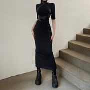 SPICY 迪丽热巴同款连衣裙又酷又讽设计感束腰修身黑色包臀中长裙