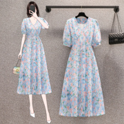 微胖女孩穿搭大码夏季法式温柔系洋气减龄雪纺蓝色连衣裙