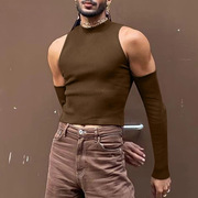 欧美男装纯色螺纹性感镂空露肩，紧身t恤长袖，休闲打底衫ment-shirt